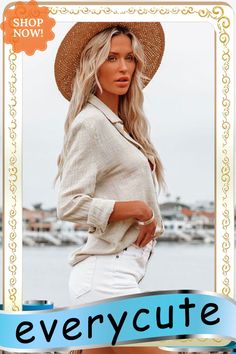 Beige Buttoned Turn Down Collar Shirt with Pocket Beige Long Sleeve Shirt For Vacation, Beige Long Sleeve Vacation Shirt, Beige Button-up Beach Shirt, Beige Button-up Shirt For Beach, Collared Beach Tops For Fall, Beige Long Sleeve Tops For Vacation, Long Sleeve Beige Tops For Vacation, Fall Beach Collared Tops, Collared Beige Tops For Vacation