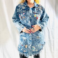 This Is A Super Bedazzled And Blinged Out Jean Jacket Dress With Distressing. Size Large. Nwt. Spring Denim Jacket With Rhinestones, Embellished Medium Wash Denim Jacket For Fall, Spring Rhinestone Denim Jacket, Trendy Embellished Medium Wash Denim Jacket, Casual Denim Jacket With Rhinestones For Spring, Casual Rhinestone Denim Jacket For Spring, Denim Rhinestone Long Sleeve Outerwear, Denim Outerwear With Rhinestones And Long Sleeves, Long Sleeve Denim Outerwear With Rhinestones