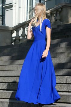 Blue Dress, Oversized Dress, Women Kaftan Dress, Short Sleeved Dress, Cocktail Dress, Evening Dress, Blue Maxi Length V-neck Party Dress, Flowy Floor-length V-neck Dress For Spring, Spring Formal V-neck Maxi Dress, Spring Formal Maxi V-neck Dress, Spring Formal Maxi-length V-neck Dress, Formal Long Summer Dress, Solid Long Skirt Dress For Party, Chic Solid Color Maxi V-neck Dress, Chic Long Skirt Dress