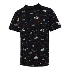 Nike Logo Tee T-shirt Sportswear Crew Neck T-shirt With Graphic Print, Multicolor Crew Neck T-shirt With Logo Print, Sporty Multicolor Crew Neck T-shirt, Sporty Multicolor Short Sleeve T-shirt, Nike Crew Neck Sportswear Top, Nike Sportswear Crew Neck Tops, Cotton Sports T-shirt With All Over Print, Sporty T-shirt With All Over Print For Streetwear, Sporty Multicolor Moisture-wicking T-shirt