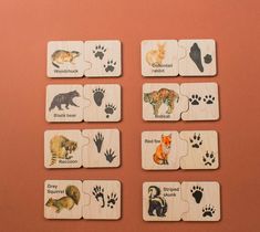 wooden puzzles with different animals and their names on them, arranged in rows against a pink background