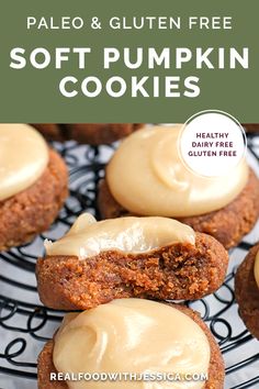 the cover of palen and gluten free soft pumpkin cookies with frosting on top