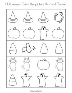 halloween themed worksheet for kids to practice their handwriting and color the pictures that is different