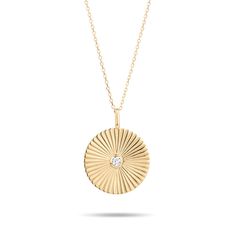 14k gold necklace with a single bezel diamond. Large ray pendant measures 20mm with an 18/19/20" chain. Total Diamond Carat Weight: 0.08Ct. Pendant Jewelry Gold, Adina Reyter, Gold Pendant Jewelry, 14k Gold Necklace, Bezel Pendant, Teardrop Necklace, Marquise Diamond, Bezel Diamond, Accessories Rings