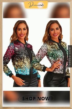 Long Sleeve Zipper Colorful Sequin Short Jacket Trendy Multicolor Spring Outerwear, Spring Party Outerwear With Patchwork, Trendy Colorful Outerwear For Spring, Casual Fall Outerwear With Sequins, Casual Sequined Outerwear For Fall, Casual Multicolor Outerwear With Zipper, Multicolor Long Sleeve Outerwear With Zipper Closure, Trendy Multicolor Fall Outerwear, Casual Multicolor Outerwear With Zipper Closure