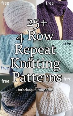 four different knitted hats and scarfs with text overlay that reads, 25 row repeat knitting patterns