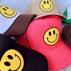 NOT A PATCH- HEAT TRANSFER VINYL Trucker Hat Your Selected Color Text Smiley w/ Black Outer Circle Unless On Black Hat Because It Will Not Show Up Heat Transferred Vinyl Design Poly Foam w/ Mesh Back Plastic Adjustable Snap Strap Trendy Trucker Hat For Outdoor, Trendy Outdoor Baseball Cap, Brimmed Dad Hat For Summer Beach, Trendy Brimmed Baseball Cap For Outdoor, Trendy Baseball Cap For Outdoor, Trendy Adjustable Brimmed Trucker Hat, Fun Adjustable Brimmed Trucker Hat, Fun Black Trucker Hat For Vacation, Adjustable Brimmed Trucker Baseball Cap