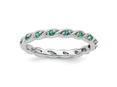 Sterling silver 0.22 cttw round created green emerald stackable ring with polished finish. Band width measures approximately 1/8". Green Diamond Stackable Round Ring, Green Diamond Stackable Ring, Stackable Green Diamond Ring, Green Diamond Stackable Ring With Round Cut, Green Stackable Diamond Ring With Round Cut, Green Stackable Round Diamond Ring, Green Stackable Birthstone Ring With Round Shape, Green Stackable Birthstone Ring Round, Green Stackable Round Birthstone Ring