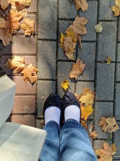 a person is reading a book while sitting on the ground with leaves all around them