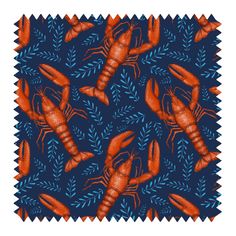 a blue and orange pattern with lobsters on it