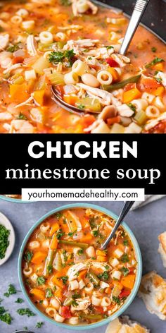 A ladle scooping chicken minestrone soup out of a pot. Chicken Minestrone Soup Recipe, Chicken Minestrone Soup, Italian Chicken Soup, Simple Family Meals, Winter Soup Recipe, Minestrone Soup Recipe, Vegetable Soup With Chicken