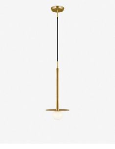 a brass colored pendant light fixture with an oval glass ball hanging from the bottom, on a white background