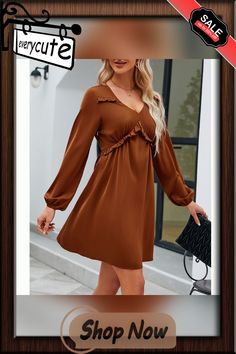 Caramel V Neck Ruffle Detail Long Sleeve Dress Women Dresses Casual, Color Pick, Neck Ruffle, Women Dresses, Dresses Casual, Casual Dresses For Women, Sleeve Dress, Caramel, Casual Dresses