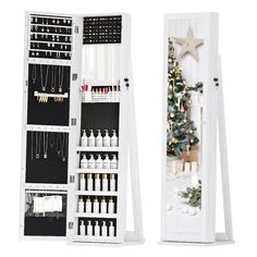 two white jewelry racks with christmas decorations on them