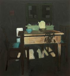 an oil painting of a table and chair in a dark room with the light on