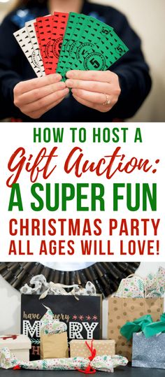 a person holding up christmas cards with the words how to host a gift auction, a super fun christmas party all ages will love