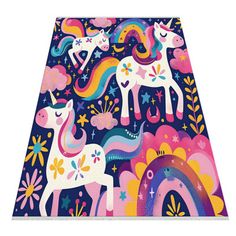 a colorful rug with two unicorns on it