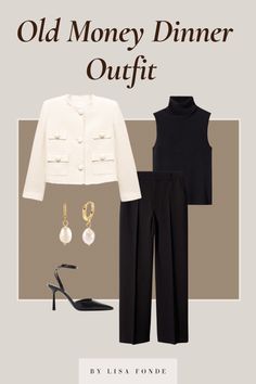 Oyster Roast Outfit Winter, Dinner Outfit Old Money, White Blazer Outfit Casual Classy, Dinner Meeting Outfit, Old Money Outfits Dinner, Elegant Dinner Outfit Classy Night Chic, Classic Dinner Outfit, Formal Dinner Outfits For Women, Business Dinner Outfits For Women