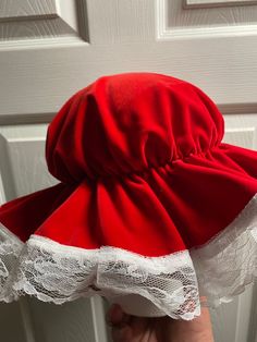 Deluxe Real Velvet Mrs Claus Hat. Adult sized, elasticized for a perfect fit every time wether worn on its own or over a Mrs Claus wig. Lace trim. Bright Christmas Red. Listing is for hat only. Wigs and costume accessories are listed in our Etsy shop. Mrs Clause Costume, Mrs Claus Costume, Bunny Cosplay, Rabbit Costume, Cindy Lou, Wig Lace, School Play, Halloween Displays, Bright Christmas