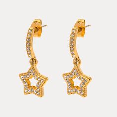 Sparkle with these 18K Vermeil Star CZ Earrings. The adorable design features delicate mini cubic zirconia that will add a touch of elegance to any outfit. Made with 18K gold over sterling silver, these earrings are both hypoallergenic and water resistant. Timeless style for any occasion. Gold Star-shaped Diamond Earrings, Gold Star-shaped Earrings With Diamond Accents, Gold Star Earrings With Diamond Accents, Yellow Gold Star-shaped Cubic Zirconia Earrings, Yellow Gold Star Shaped Cubic Zirconia Earrings, Yellow Gold Cubic Zirconia Star Earrings, Studded Flats, Cz Earrings, Vacation Style