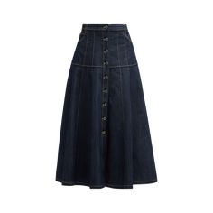 Cinq a Sept "Veena" skirt in dark-wash denim with contrast stitching  Three-pocket style  High rise Hem falls below the knee A-line silhouette Button front; belt loops  Polyurethane/viscose Lining: Cotton Dry clean Imported Dark Wash Skirt For Workwear In Fall, Dark Wash Skirt For Workwear, Fall Season, Denim Skirt With Belt Loops For Work, Dark Wash Skirt For Fall Workwear, Chic Dark Wash Denim Skirt With Belt Loops, Workwear Denim Blue Skirt With Belt Loops, Spring Workwear Dark Wash Skirt, Spring Dark Wash Skirt For Work, Dark Wash Straight Leg Skirt For Work