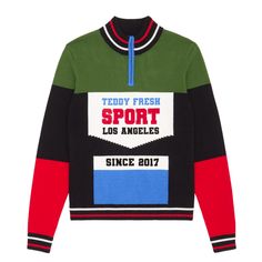 a black, green, red and blue sweater with the words teddy fresh sport los angeles on it