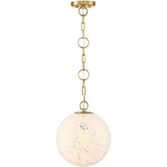 a white marble ball hanging from a brass chandelier with chain around the base