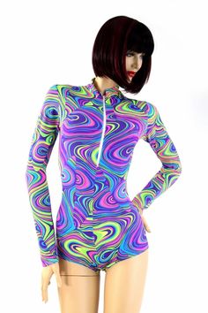 "This item is made to order, please read all the way through the listing before purchasing! This suit is made of super funky, fun glow worm print. Glows in blacklight! Long sleeved, the four way stretch fabric is breathable and comfy. It features a front zipper and a short collar. Womens Sizing (See below for instructions on where measurements should be taken) XXS: Bust 29\"-30\" / Waist 22\"-23\" / Hips 30\"-32\" Extra Small: Bust 31\"-32\" / Waist 24\"-25\" / Hips 33\"-35\" Small: Bust 33\"-34 Cheap Fitted Multicolor Onesie, Cheap Multicolor Onesie For Playwear, Affordable Fitted Multicolor Onesie, Rave Bodysuit, Mermaid Parade, Glow Worm, Boy Cut, Boy Cuts, Dark Outfits