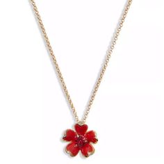 A Delicate Link Chain Suspends A Golden-Edged Vibrant Red Enamel Flower Pendant Sparkling With A Crystal Center. Set In Gold-Tone, Enamel And Crystal 17"-20" Adjustable Length 0.50” Pendant Diameter Signature Spade Lobster Clasp Closure Matching Earrings Also Available In My Closet Id-Jan22-Mks Elegant Red Kate Spade Jewelry, Red Elegant Flower Necklace, Red Kate Spade Jewelry As Gift, Elegant Red Flower Charm Necklace, Elegant Red Flower Necklace With Charm, Red Necklace With Flower Charm Pendant, Flower Pendant Necklace, Kate Spade Jewelry, Enamel Flower