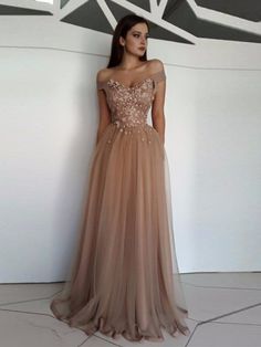 Champagne A Line Off Shoulder Tulle Lace Long Prom Dresses, Off Shoulder Formal Dresses, Graduation Dresses Formal Dresses Lace, Prom Dresses Off Shoulder, Champagne Formal Dresses, Off Shoulder Tulle, Sweetheart Evening Dress, Dresses Off Shoulder, Dresses Graduation, Dresses Tulle, Floor Length Prom Dresses