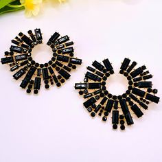 2.2” Long By 2.5” Wide Gold Tone Black Rhinestones Same Day / Next Day Shipping Nwot 5 Seller Anthro Revolve Black Crystal Rhinestone Statement Wedding Guest Black Tie Event Sunburst Black Crystal Jewelry With Jeweled Details, Black Crystal Jeweled Jewelry, Black Jeweled Crystal Jewelry, Glamorous Black Jewelry With Sparkling Stones, Trendy Black Crystal Jewelry, Trendy Black Bling Jewelry, Glamorous Black Metal Earrings, Black Jewelry With Sparkling Stones For Party, Black Metal Crystal Earrings For Party