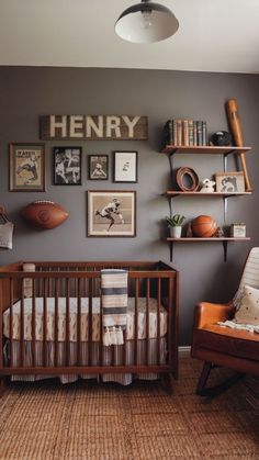 Warm-toned nursery featuring a vintage sports theme with wooden crib, leather rocking chair, and framed sports memorabilia. Brown Crib Nursery Boy, Vintage Basketball Nursery, Western Boy Nursery Ideas, Basketball Nursery Baby Boy, Vintage Car Nursery Baby Boy, Vintage Football Nursery, Vintage Transportation Nursery, Southern Boy Nursery, Cowboy Nursery Baby Boy