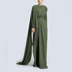 Khaki Green, Embroidered, Elegant, Maxi, Tailed, Caped Single Arm, Padded Shoulders, Zipped Back, Modest, Abaya, Evening Gown Modest Gowns Hijab, Modest Abaya, Fancy Fashion, Three Kingdoms, Long Evening Dress, Blue Evening Dresses, Black Dress Formal, Maxi Gown Dress, Embroidered Maxi Dress