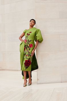 One shoulder puff sleeve satin gown with velvet embroidery and side ruffle #nardos #design #fashion #haute #couture #MOB #motherofthebride #bridal #dress #gown #green #floral #collection 2024 Couture Gowns, Dress 2024 Trend, Colorful Gown, Fancy Gown, Velvet Embroidery, Dresses For The Races, Best Gowns, Green Formal Dresses, Fuschia Dress