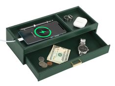 two green boxes with money and electronic devices in them