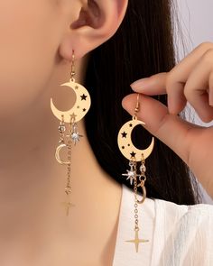 Moon and star charms earrings. Size: 4.0" Celestial Style Dangle Earrings With Star Charm, Metal Half Moon Earrings With Moon Charm, Half-moon Metal Earrings With Moon Charm, Half Moon Metal Earrings With Moon Charm, Celestial Dangle Earrings With Star Charm, Half Moon Earrings With Moon Charm, Celestial Moon Earrings With Star Charm, Celestial Moon Shaped Earrings With Star Charm, Celestial Moon-shaped Earrings With Star Charm