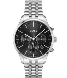 From Hugo Boss&#x2C; this men's watch features:Stainless steel bracelet Round stainless steel caseBlack dialPush button deployment closureQuartz chronograph movement Case size approx. 42mmWater resistance: 5BImported. Modern Chronograph Watches With Round Dial, Modern White Gold Chronograph Watch, Modern White Gold Analog Chronograph Watch, Formal Stainless Steel Chronograph Watch With Subdials, Timeless Stainless Steel Chronograph Watch Accessories, Timeless Chronograph Watch With Round Dial, Timeless Watches With Chronograph And Round Dial, White Gold Chronograph Watch With Round Dial, Business Chronograph Watch With Round Dial