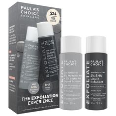 What it is: An exclusive travel-size liquid exfoliation duo with cult-favorite 2% BHA to unclog pores and extra gentle AHA to resurface texture and tone. Skin Type: Normal, Dry, Combination, and Oily Skincare Concerns: Pores, Dullness, and Uneven TextureFormulation: LiquidHighlighted Ingredients:- Salicylic Acid: Unclogs and visibly minimizes pores.- Mandelic Acid: Gently resurfaces uneven texture and tone.- Lactic Acid: Time-released AHA for enhanced exfoliation benefits.Ingredient Callouts: Fr Exfoliation Benefits, Oily Skincare, Coal Tar, Tone Skin, Paula's Choice, Mandelic Acid, Paulas Choice, Oily Skin Care, Enlarged Pores