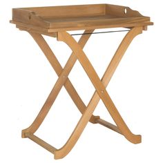 a wooden table with two trays on it's legs and an attached shelf