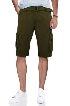 Fit: this style fits true to size. Zip fly with button closure. Belt loops. Removable square ring belt. 4 pocket construction. 2 side cargo pockets. Approx. 11" rise, 13" inseam (size 32). ImportedThis item cannot be shipped to Canada. Casual Cargo Shorts With Belt Loops And Relaxed Fit, Summer Cotton Cargo Pants With Belt Loops, Spring Outdoor Cargo Shorts With Pockets, Short Cotton Cargo Pants With Belt Loops, Utility Bermuda Shorts With Pockets For Spring, Summer Outdoor Cotton Cargo Pants, Khaki Cotton Shorts With Belt Loops, Relaxed Fit Utility Bermuda Shorts With Cargo Pockets, Utility Style Bermuda Shorts With Cargo Pockets, Relaxed Fit