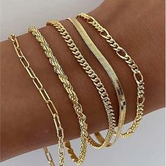 5pcs Classical 14k Gold Plated Stainless Steel Material Waterproof Tarnish Resistant Twisted, Snake & Beaded Chain Bracelet Set Size: 6 Inches Plus 2 Inch Extender Bracelet Pack, Gold Bracelet Set, Real Gold Jewelry, Gold Jewelry Sets, Gold Bracelet For Women, Gold Bracelets, Fashion Jewelry Sets, Bracelets For Women, Hand Jewelry