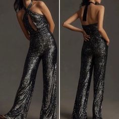 Anthropologie Maeve Carbon Black Sequin Halter Cut Out Jumpsuit Sz 4 Nwt Is New With Tags Jumpsuit Features All Over Sequins (Other Than Neck Ties) And A Front Cut Out Halter Neck With Adjustable Ties Concealed Back Zip Closure Wide Legs Fully Lined Side Slant Pockets Color Is Carbon - Black And A Dark Charcoal Gray Silver Sequin (Please See Photos) Perfect For A Party, Date Night, Wedding Guest, Bachelorette Party, Las Vegas Measurements Are Approximately - Bust/P2p ~ 14” (But Open Back & Cut O Bachelorette Party Las Vegas, Sequin Halter, Night Wedding, Shape Tape, Neck Ties, Carbon Black, Silver Sequin, Wide Legs, Black Sequins