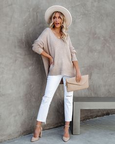 Demetra Ribbed Knit Sweater - Taupe – InsStreet California Casual, Pointed Heels, Ribbed Knit Sweater, Winter Sweaters, Suede Heels, Distressed Denim, Pullover Sweaters, White Jeans, Knit Sweater