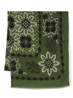 green/light beige/black wool all-over floral print rectangle shape frayed edge wraparound style Head Scarves, Green Scarf, Scarf Hat, Wool Scarf, Green Light, Rectangle Shape, Black Wool, Bandanas, Country Club