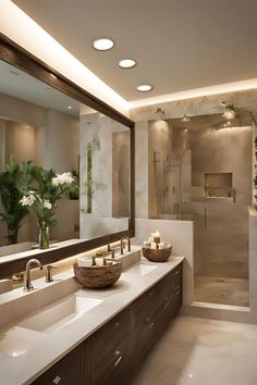 a bathroom with two sinks and a large mirror in it's center, next to a walk - in shower