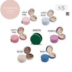 various colors of makeup powders in small round boxes with lids and lids on each side