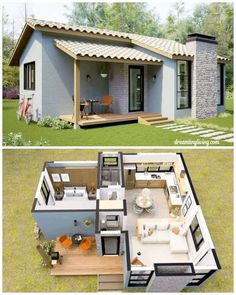 two pictures of small houses in the yard and one has a living area on top