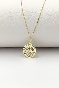 Welcome to ElegantGoldJewels, Find all the information you need about your charm: Material of pendant: 14K Solid Gold Stamp: 585 (14K) Thickness: 0.5mm Jumpring Diameter: 4mm The pendant is available in 6 sizes: - 15mm / 0.59 inches - 18mm / 0.70 inches - 20mm / 0.78 inches - 22mm / 0.86 inches - 24mm / 0.94 inches - 26mm / 1.02 inches - 28mm / 1.10 inches - 30mm / 1.18 inches Chains Information: Rolo Chain: -14K Real Gold - 0.70mm thick - Spring Ring Clasp - 16 inches / 40cm - 0.72 grams - 18 i Sterling Silver Charm Necklace With Sun And Moon Design, Celestial Sun And Moon Charm Necklaces, Celestial Sun And Moon Charm Necklace, Celestial Style Charm Necklace With Coin Pendant, Celestial Charm Necklace With Moon Phase Pendant, Celestial Moon Phase Charm Necklace With Round Pendant, Celestial Coin Pendant Charm Necklace, Everyday Round Charm Necklace With Moon Phase, Adjustable Round Charm Necklace With Moon Charm