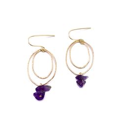 Gold & Stone Earrings - These delicate, beautifully textured double hoop earrings are accented with luscious amethysts. 14k gold-filled ear wires. Elegant Gold Amethyst Hoop Earrings, Gold Amethyst Dainty Earrings, Dainty Gold Amethyst Earrings, Gold Amethyst Earrings With Ear Wire, Gold Stone Earrings, Double Hoop Earrings, Artful Home, Gold Stone, Stone Earrings