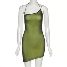 Never Worn. Casual One-shoulder Mini Dress For Club, Green Summer Mini Dress For Party, Trendy Green Mini Dress For Evening, Green Casual Mini Dress For Club, Spring Club Mesh Dress, Casual Green Mini Dress For Club, Green Mesh Dress For Summer Party, Black Mini Mesh Dress For Summer, Green Sleeveless Mesh Dress For Summer